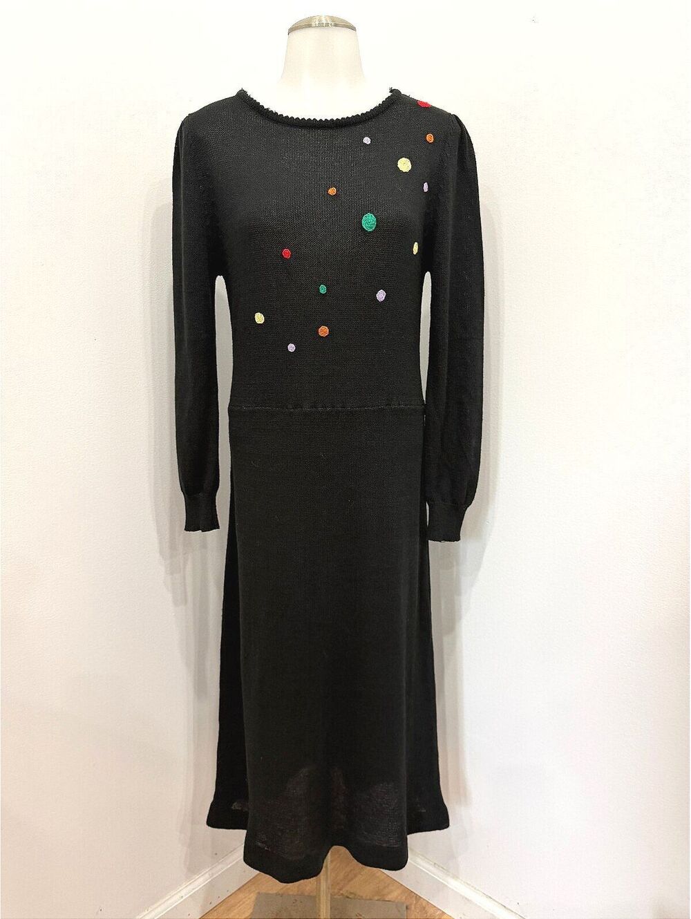 Vintage Berman International Black Knit DressnColorful Polka Dot Embroidery Sz 8